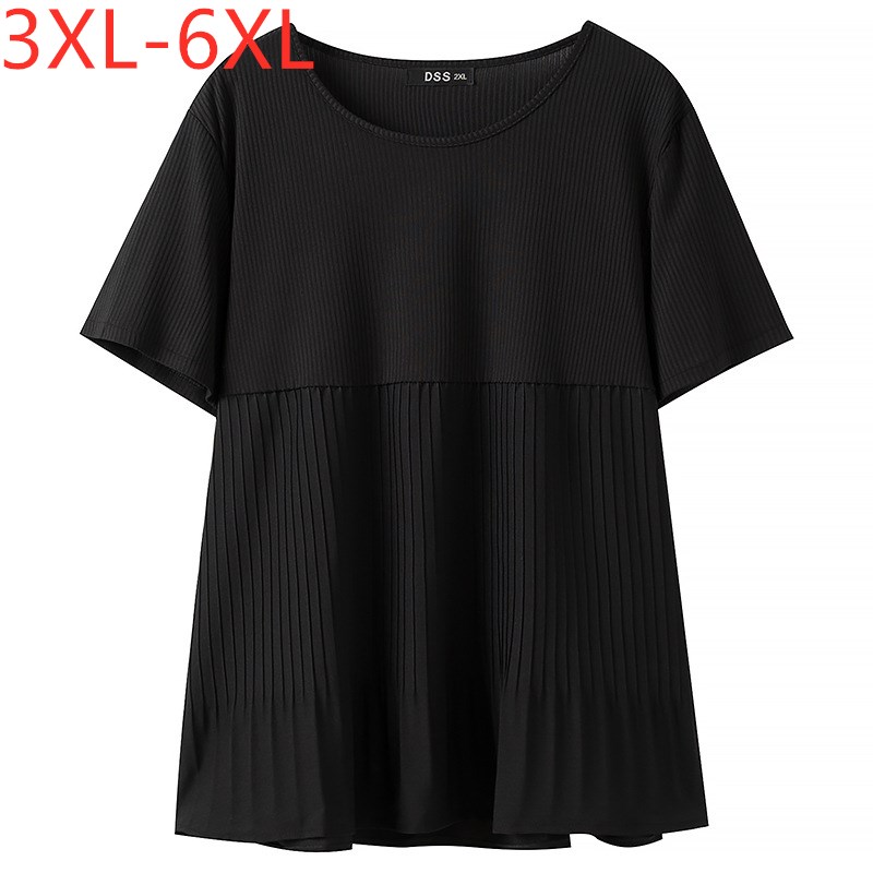신제품 여성용 여름 플러스 사이즈 니트 탑스, 큰 반팔 루즈 블랙 화이트 프릴 o-넥 티셔츠 3XL 4XL 5XL 6XL 2021